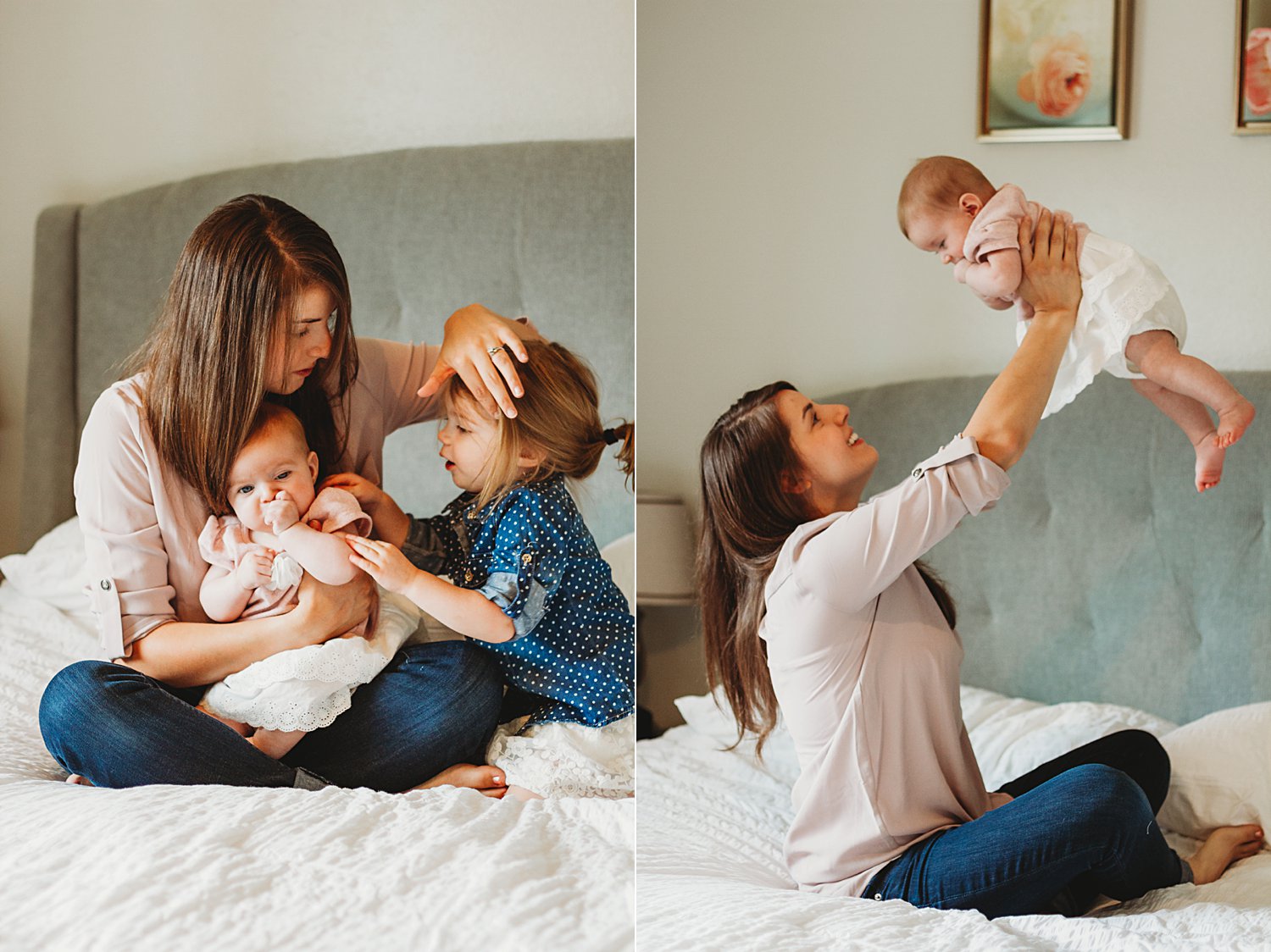 Candid lifestyle photos of mom with young children on bed