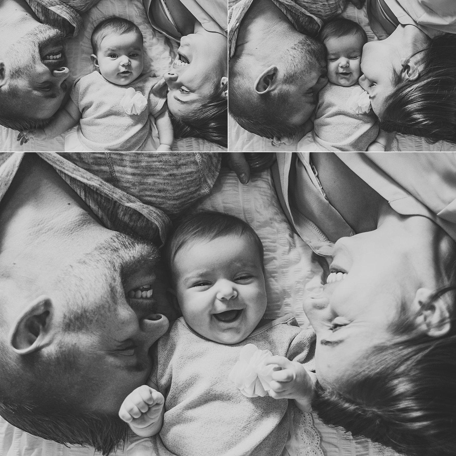 Family portraits with baby on bed with mom and dad