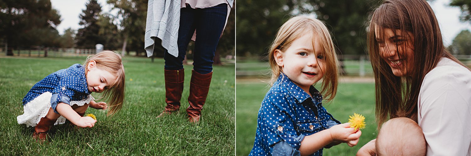 Candid lifestyle portraits of young girl and mom picking dandelions