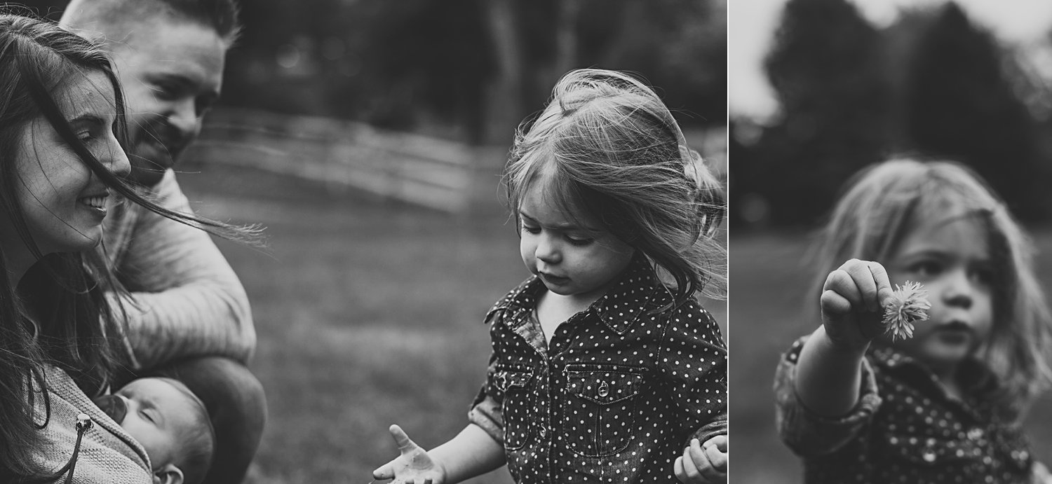 Family portrait with young children and daughter holding dandelions out in front of her