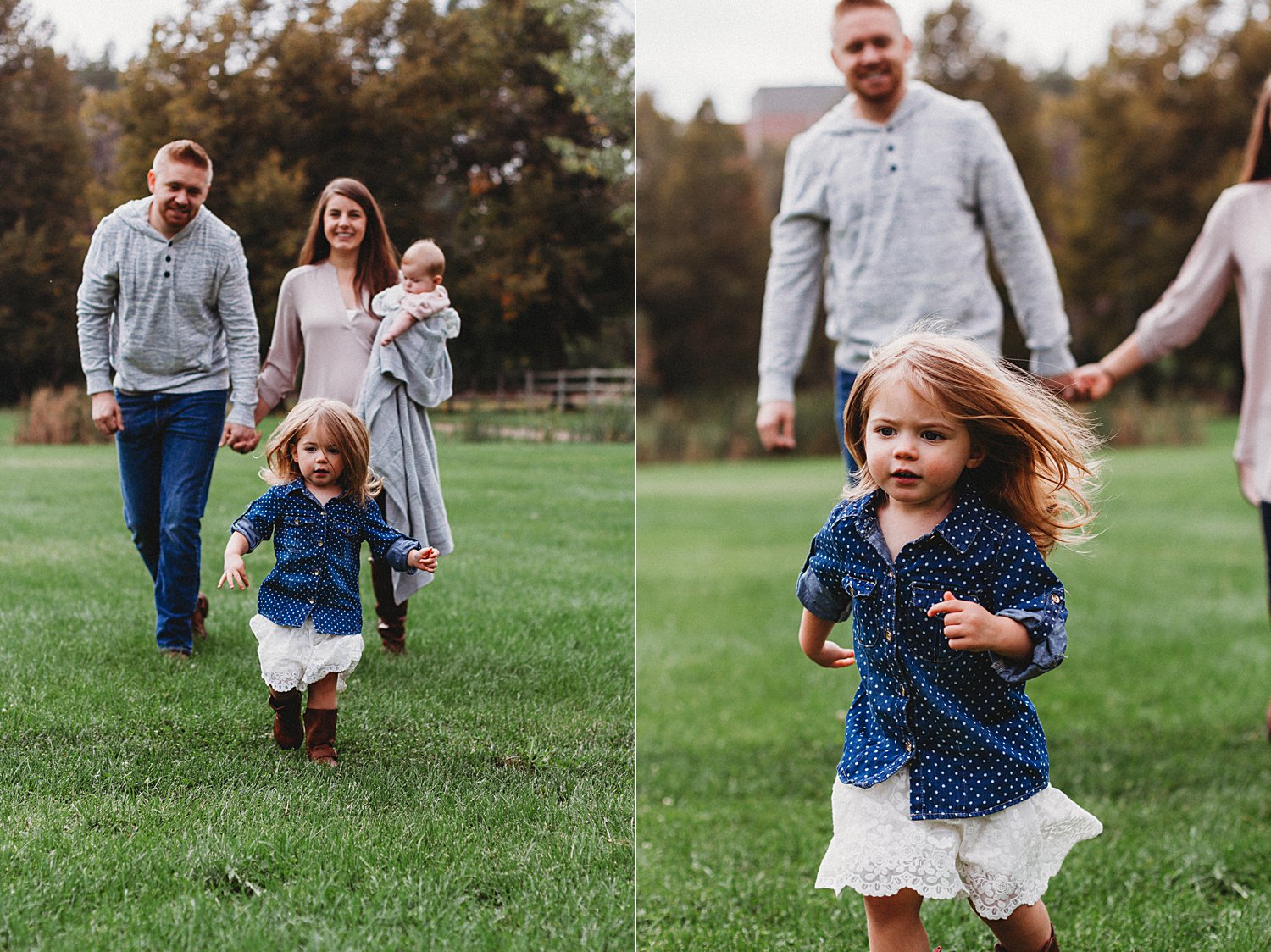 Lifestyle portraits of young family in grass field