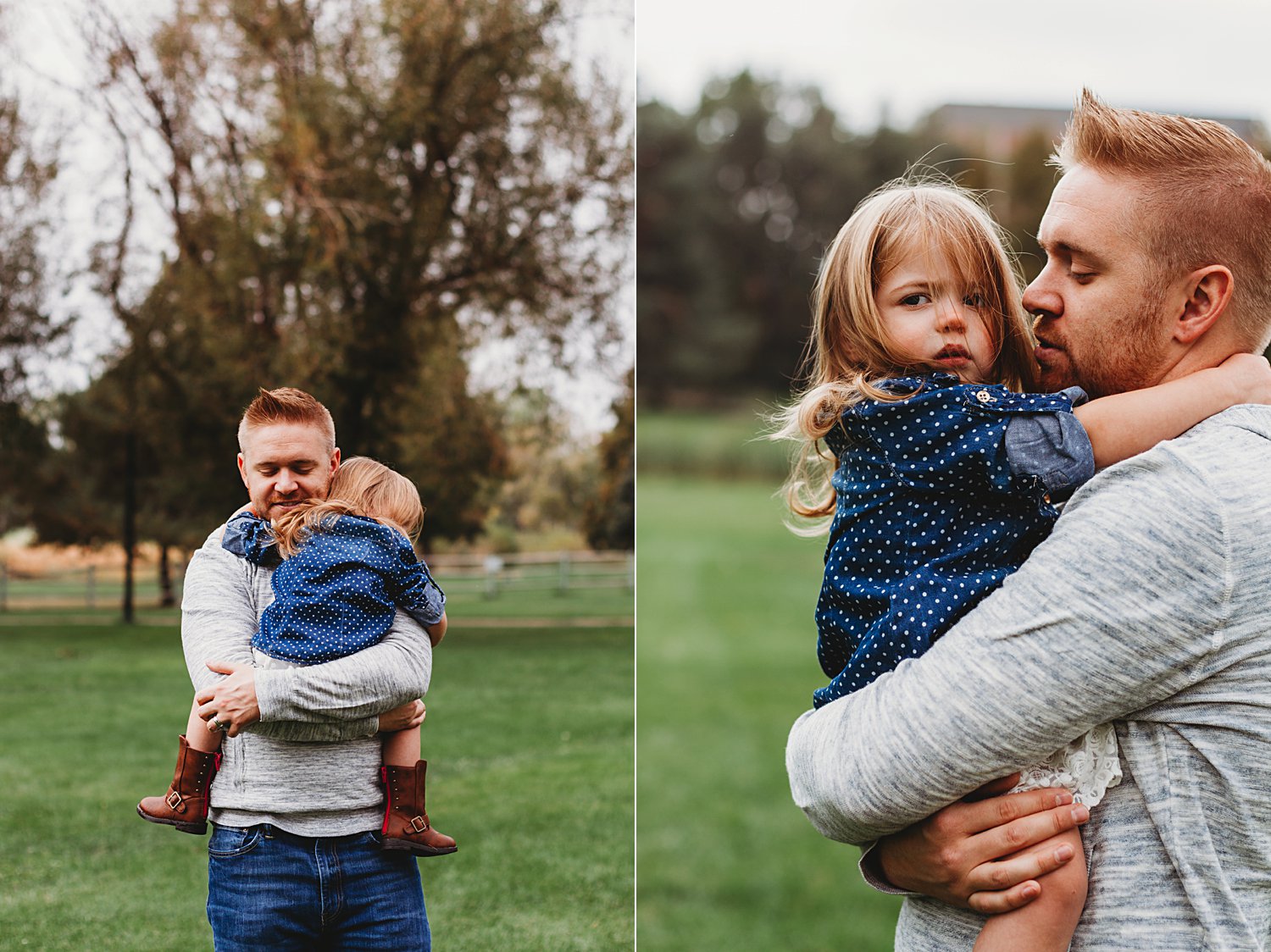 Candid portraits of dad holding toddler girl in arms affectionately