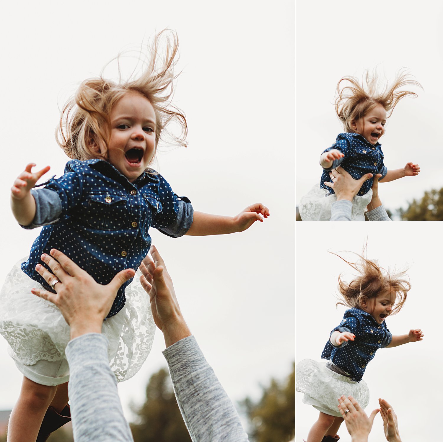 Fun portraits of young child being thrown into air by dad