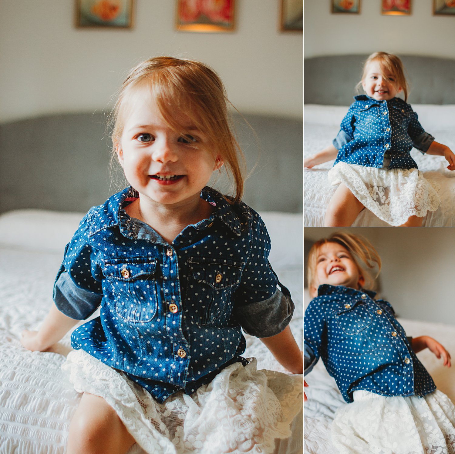 Lifestyle photos of young girl jumping on bed