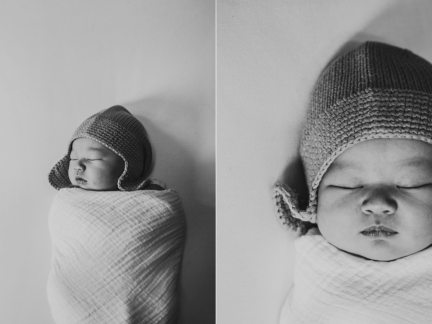 Newborn baby swaddled wearing hat