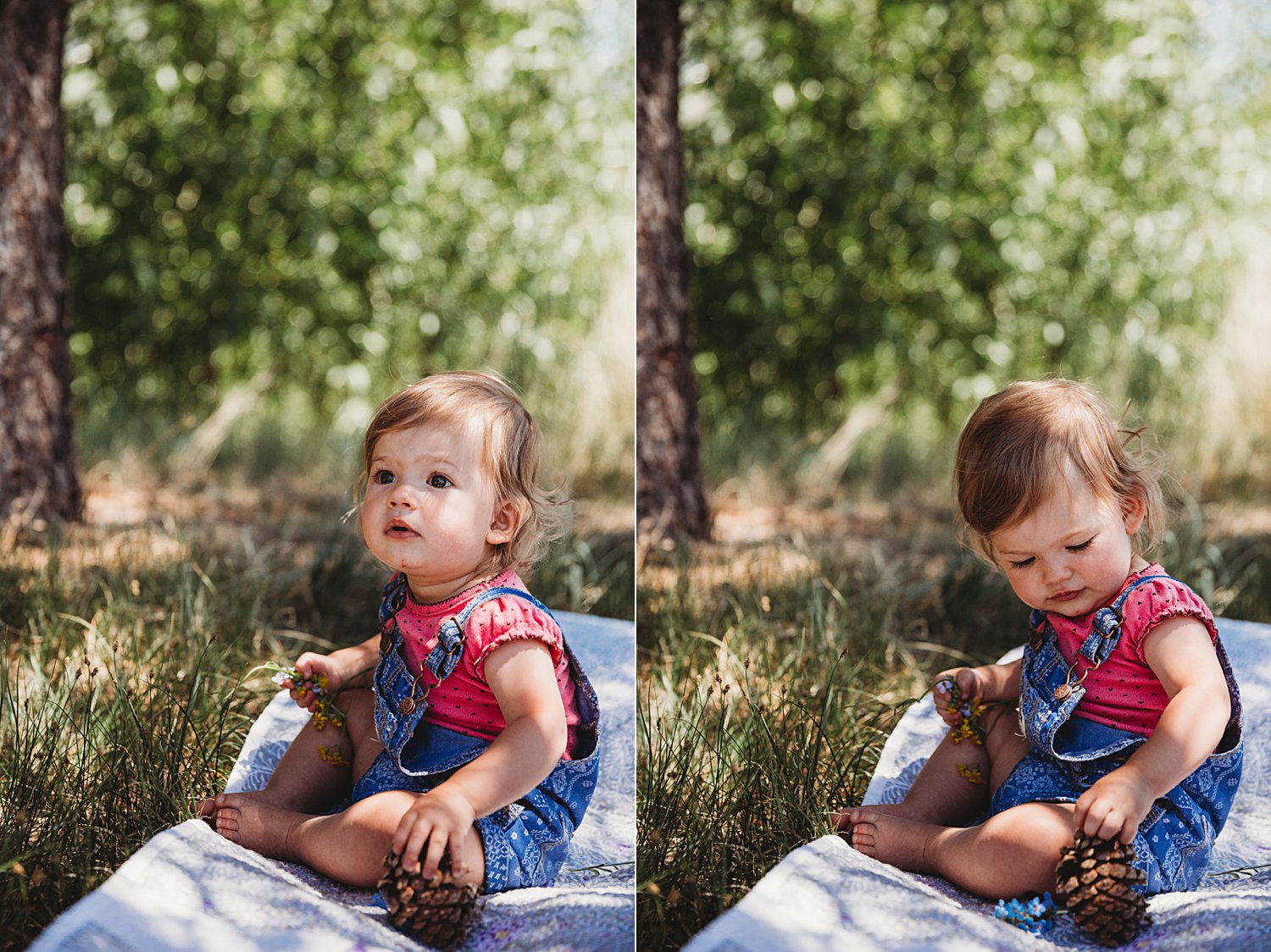 Toddler girl sitting on blanket outside