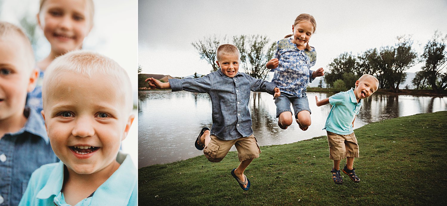 Portraits of three young kids jumping