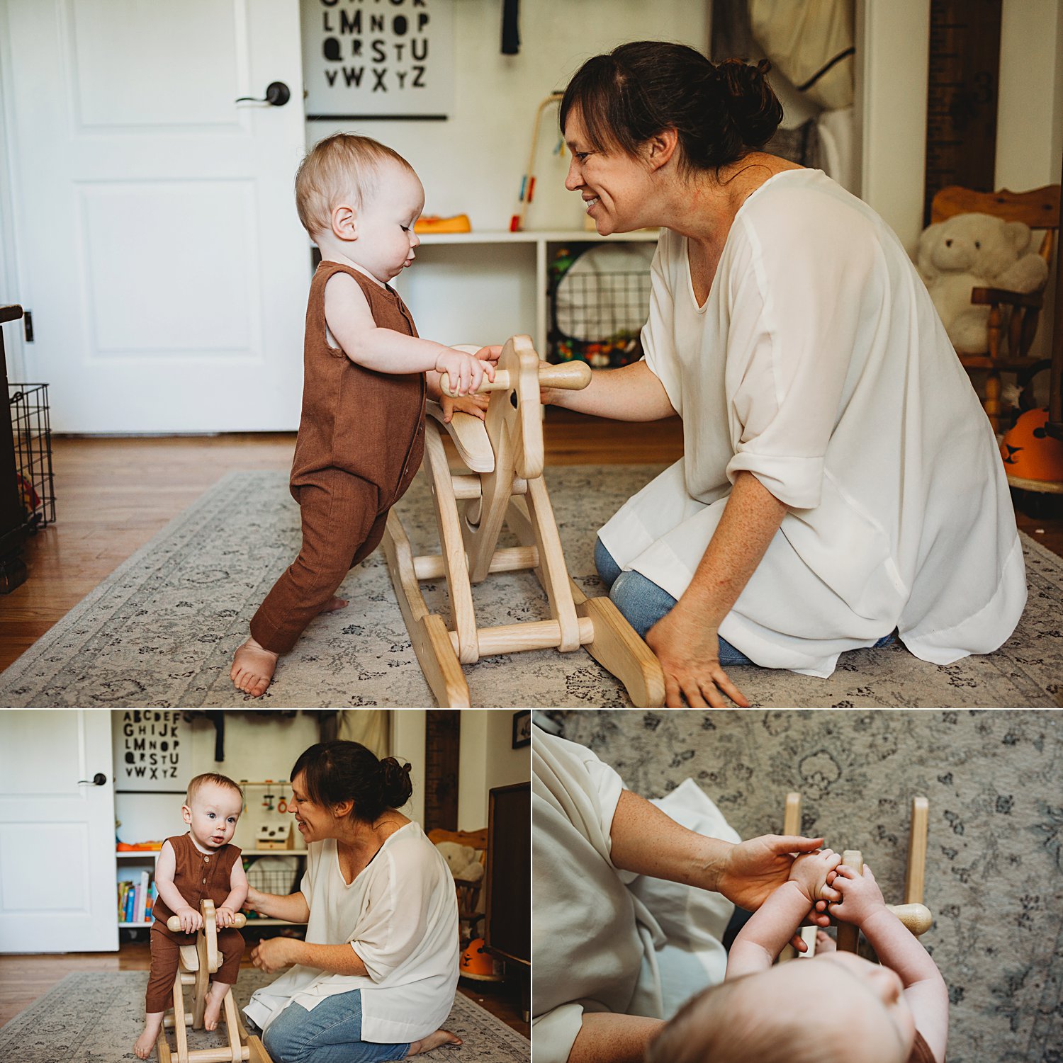Mom plays with baby boy on rocking horse