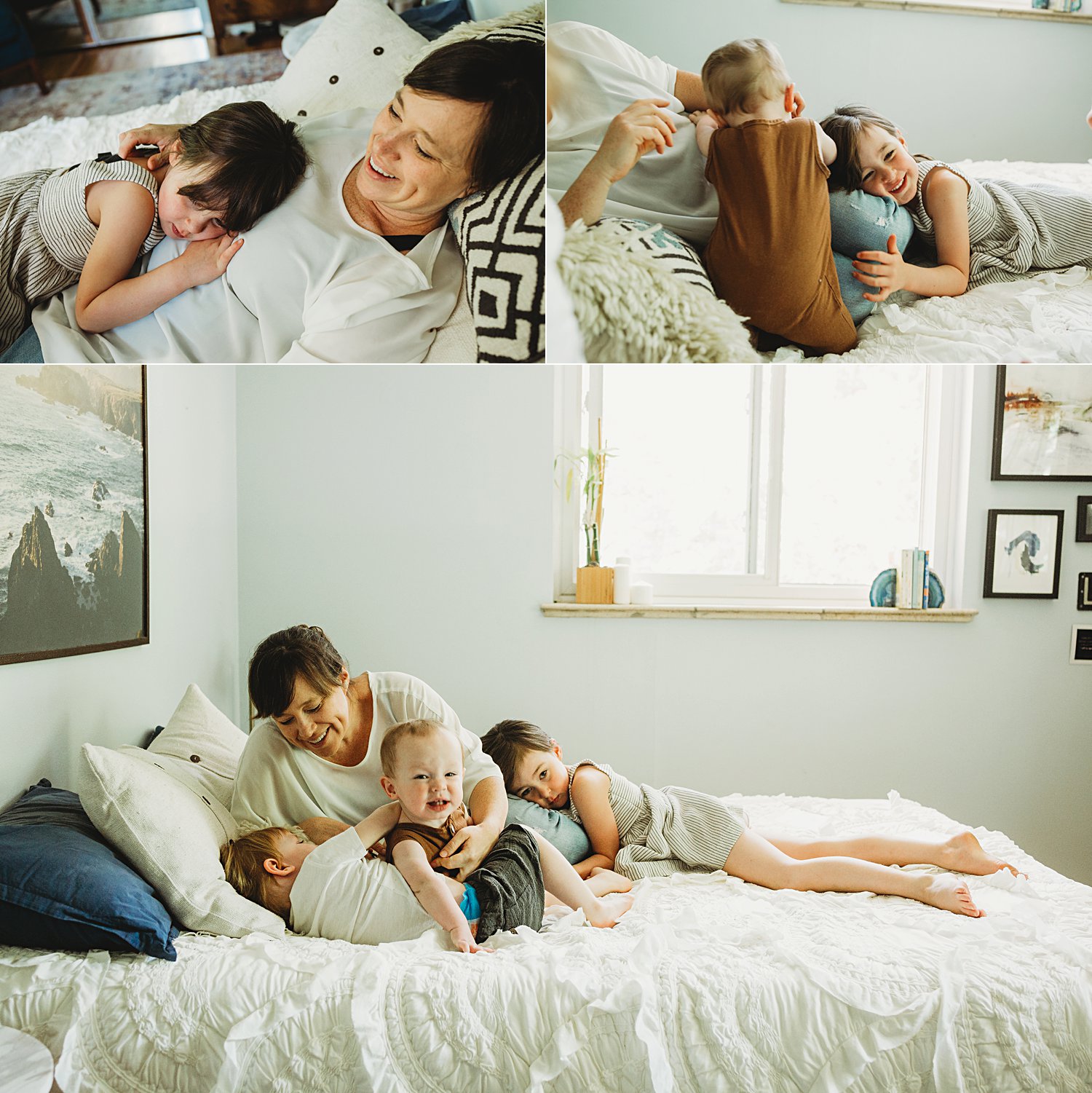 Mom cuddling with children on bed