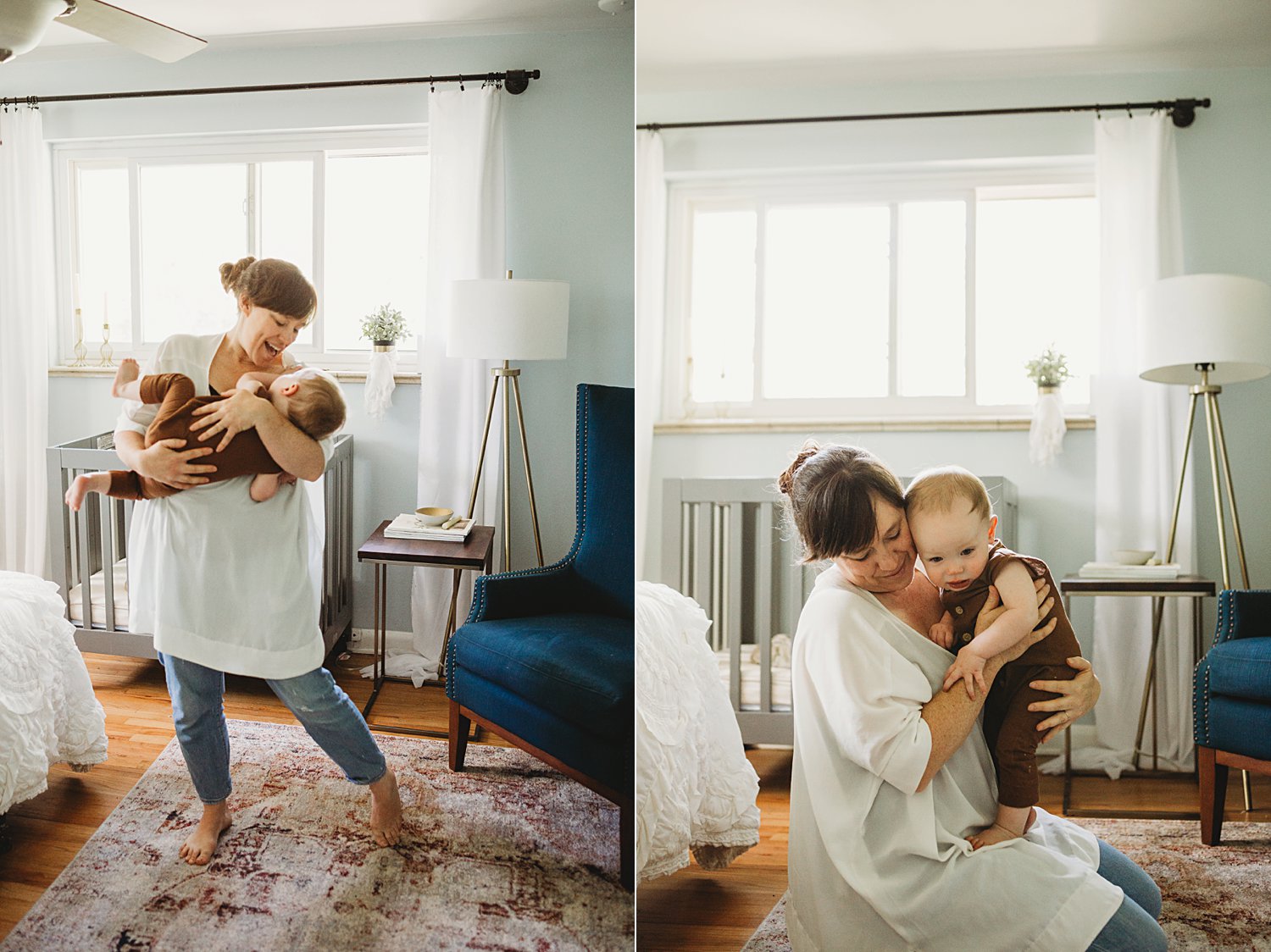 Mom snuggling baby boy and dancing